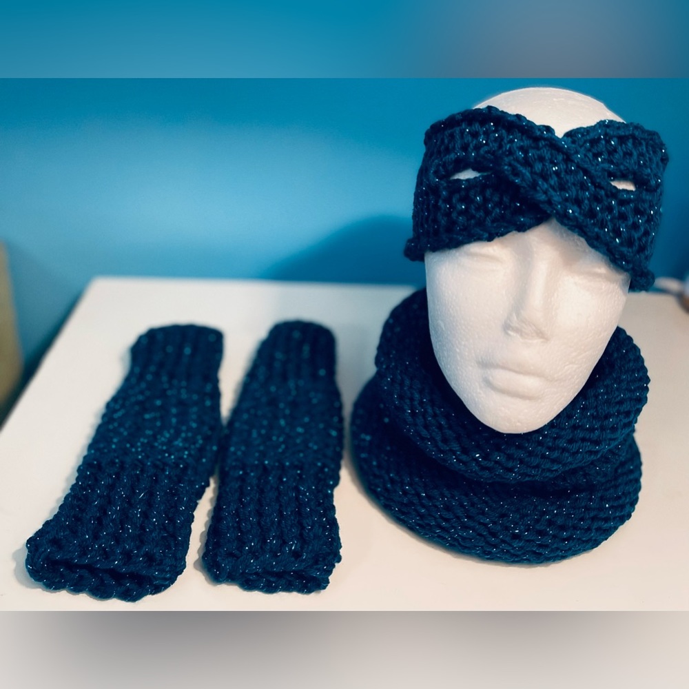 Handmade Hand Crafted Knit Headband Cowl Fingerless Gloves 3 piece Set - Picture 7 of 9